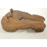A pair of Burmese carved hardwood flipflops decorated with fish, 10½" long