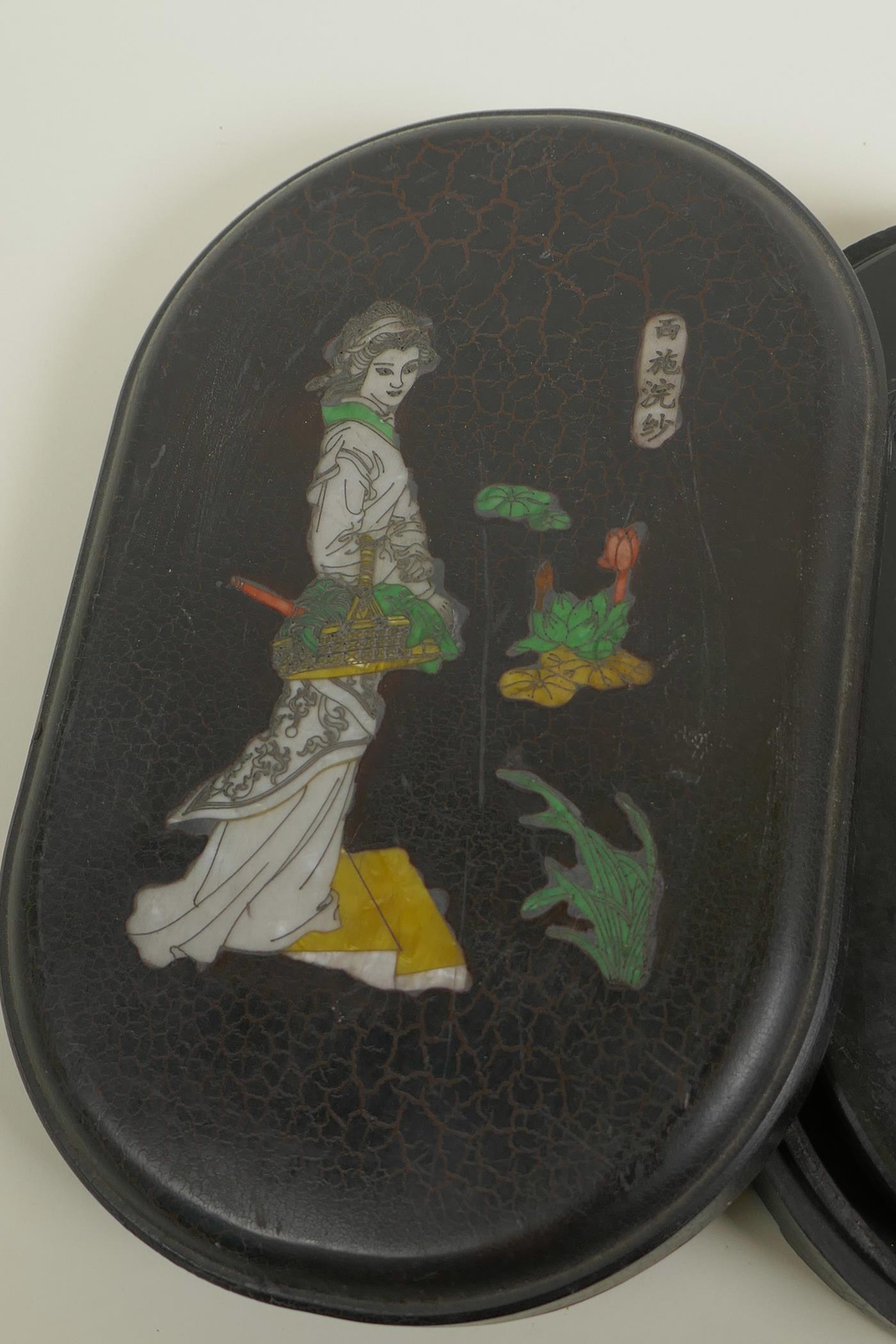 A Chinese boxed inkstone with an engraved inscription, the cover with inset figural decoration, - Image 3 of 4