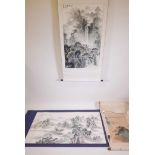 A Chinese watercolour river landscape scroll and two other landscape scrolls, largest 53" x 26", A/F