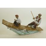 A Chinese Shiwan style, mud men figure of two fishermen on a bamboo raft, 16" long