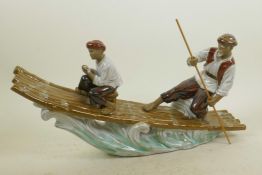 A Chinese Shiwan style, mud men figure of two fishermen on a bamboo raft, 16" long