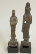 A pair of Chinese bronze funerary figures, largest 4½" high