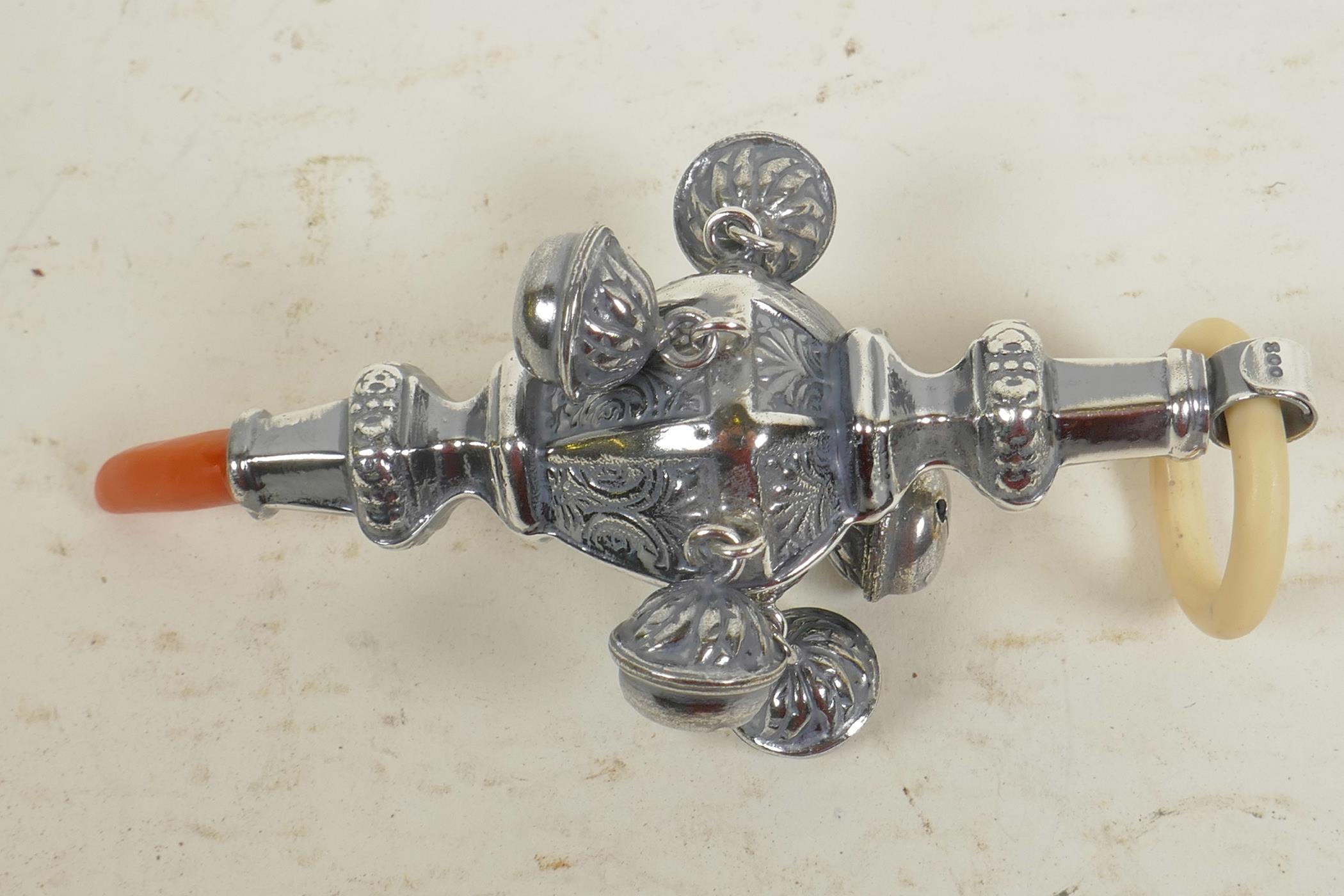 A Victorian style sterling silver bells baby rattle, 4½" long