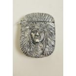 A silver plated vesta case in the form of a Native American brave, 1½" x 2"