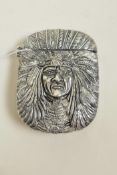 A silver plated vesta case in the form of a Native American brave, 1½" x 2"