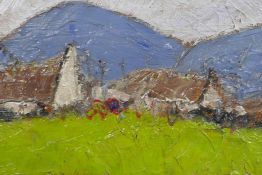 After Paul Henry, Irish landscape with cottages and hills in the distance, oil on board, 23" x 9½"