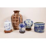 A quantity of Chinese blue and white ceramic jars and pots, and a decorative floor vase, 20" high