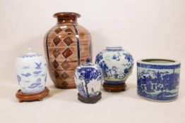 A quantity of Chinese blue and white ceramic jars and pots, and a decorative floor vase, 20" high