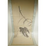 A Chinese monochrome watercolour scroll depicting a hawk attacking prey, 20½" x 52"