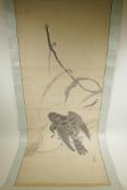 A Chinese monochrome watercolour scroll depicting a hawk attacking prey, 20½" x 52"
