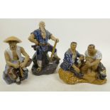 Three Chinese, Shiwan style, mud men figures of resting workmen, largest 9½" high