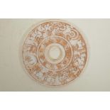 A Chinese hardstone pi disc with moulded Zodiac animal and character inscriptions, 8" diameter