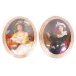 A pair of plaques, portraits of C18th ladies, hand painted and mounted in oval gilt frames, 13" x