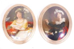 A pair of plaques, portraits of C18th ladies, hand painted and mounted in oval gilt frames, 13" x
