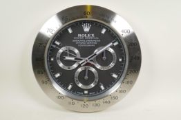 A circular wall clock made in the style of a Rolex Oyster wristwatch (quartz movement), 13" diameter