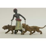 A cold painted bronze figure of an Arab gentleman with two tigers on leads, 3" high