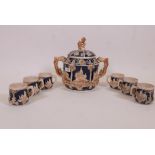 A German wick-werke ceramic punch bowl and cover, and six matching mugs, 12" high