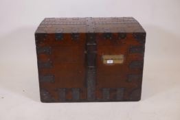 A late C18th/early C19th iron strapped oak silver chest by Rundell and Bridge, with a brass plaque