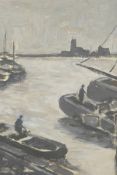 Boatmen in a harbour, with inscribed signature Walter Thomas, oil on canvas, 16" x 12"