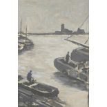 Boatmen in a harbour, with inscribed signature Walter Thomas, oil on canvas, 16" x 12"