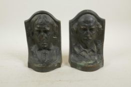 A pair of American bronze bookends cast by 'Griffoul foundry, Newark, NJ' depicting William