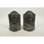 A pair of American bronze bookends cast by 'Griffoul foundry, Newark, NJ' depicting William