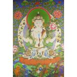 A Sino-Tibetan printed thangka depicting a many armed Buddhist deity, 26" x 36"