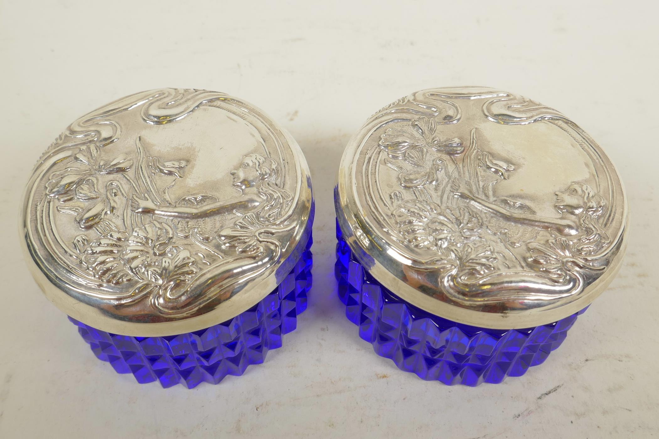 Two blue glass dressing table jars with sterling silver lids embossed with Art Nouveau designs, - Image 2 of 2