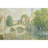 Robert Murray, river and town scene with stone bridge, signed and dated 1960, oil on board, 13" x