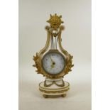 A French marble and ormolu Marie Antoinette lyre shaped clock, the enamel dial decorated with Arabic