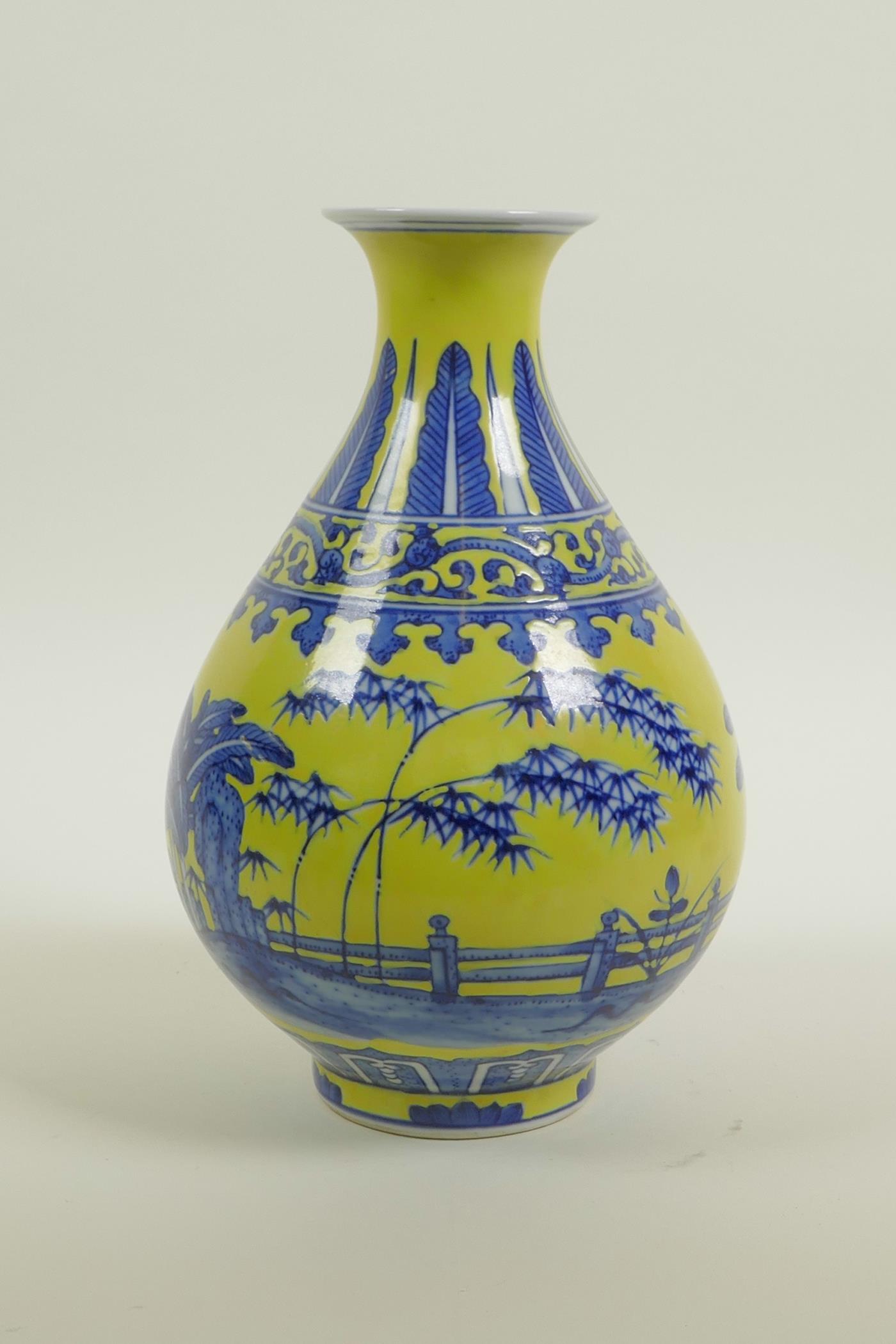 A Chinese yellow glazed porcelain pear shaped vase with blue and white landscape decoration, seal - Image 3 of 4