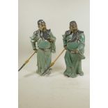 A pair of Chinese, Shiwan style, mud men figures of warriors, 13" high