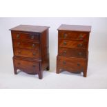 A matched pair of mahogany tallboy style bedside chests of four drawers, oak lined with hand cut