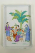 An early C20th Chinese famille verte porcelain tray decorated with women and children in a garden,