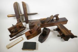 Various woodworking tools from the 1860s including two Rebate Planes stamped 'Piner' and 'Paige',