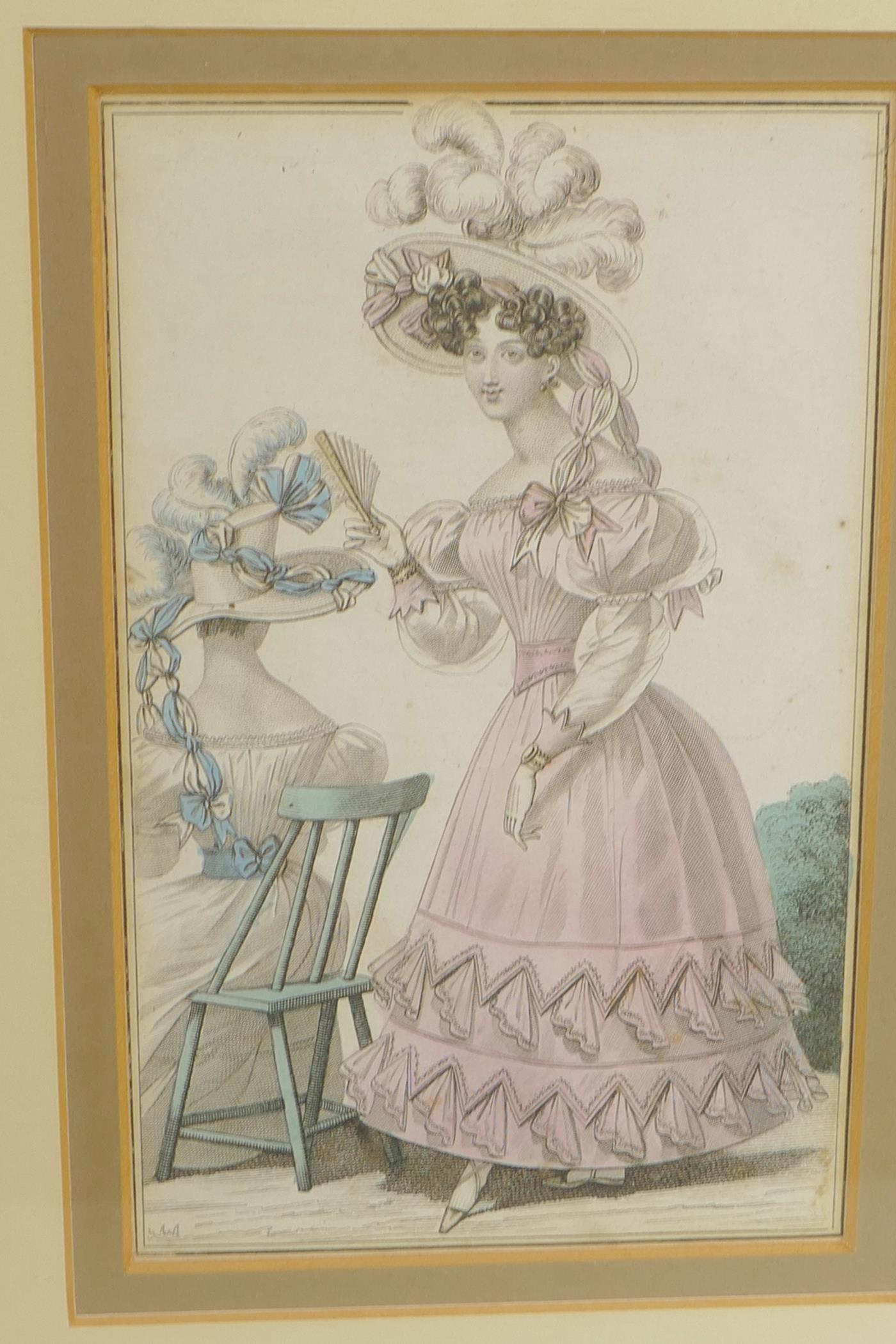 Three framed C19th hand coloured fashion engravings, 5" x 7½" - Image 2 of 4