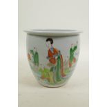 A Chinese famille verte porcelain jardiniere decorated with women and children, six character mark