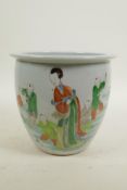 A Chinese famille verte porcelain jardiniere decorated with women and children, six character mark