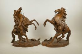 A pair of coppered spelter Marly Horses, 15½" high
