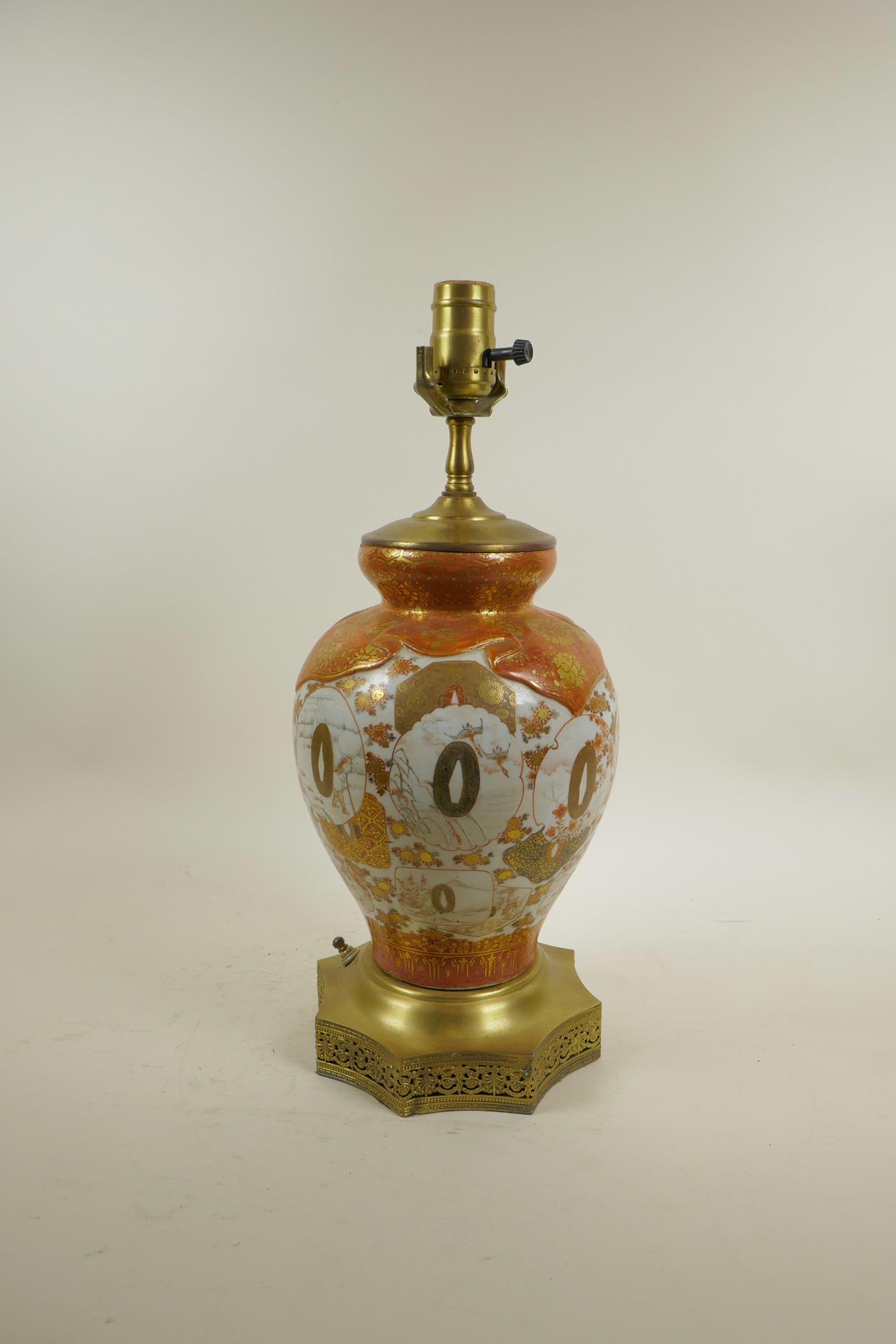 A Japanese Meiji Kutani porcelain vase with brass mounts, converted to a lamp, the body with tanto - Image 2 of 4
