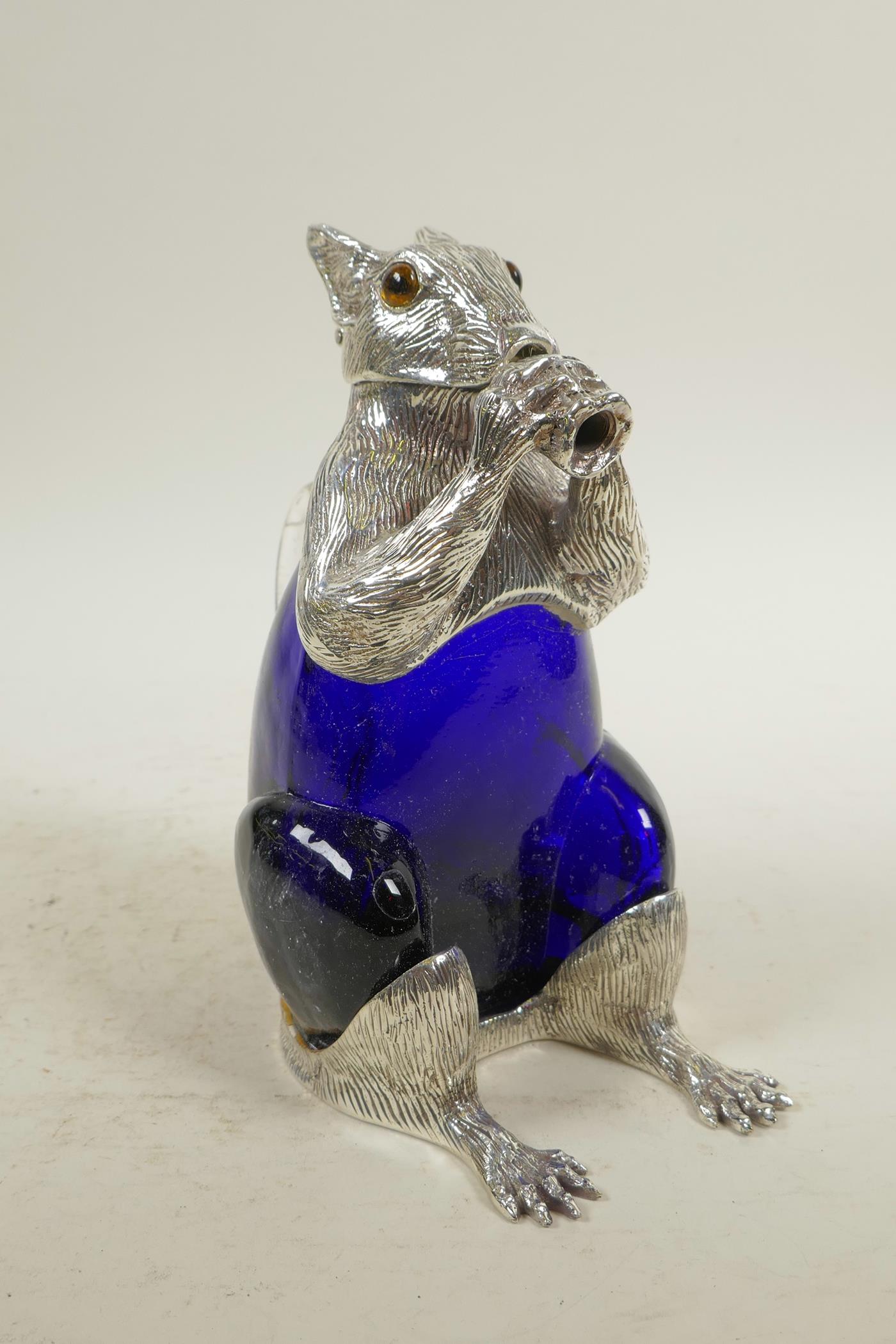 A silver plated and blue glass claret jug in the form of a squirrel, 7" high - Image 4 of 6
