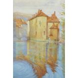 W.H. Jones, French canal scene, landscape, watercolour, 8" x 12½"