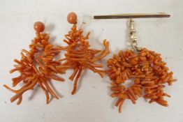 A suite of 9ct gold set red branch coral earrings and brooch