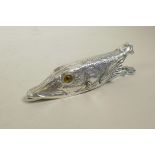 A silver plated paperclip in the form of a pike, 6" long