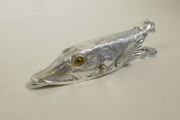 A silver plated paperclip in the form of a pike, 6" long
