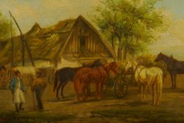 Figures with horses by a thatched barn, signed J. Stone, C19th oil on panel, heavy gilt framed, 9" x