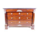 A Regency mahogany marble topped commode with brass mounts and four graduated drawers flanked by two