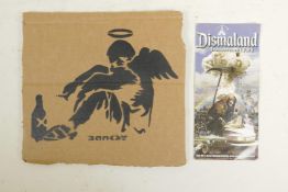 After Banksy, Dismaland ephemera including a stencilled corrugated card placard of an angel