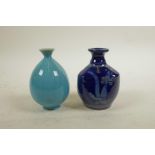 A Danish blue glazed pottery spill vase, A/F, together with a blue glazed earthenware vase, both