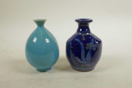 A Danish blue glazed pottery spill vase, A/F, together with a blue glazed earthenware vase, both